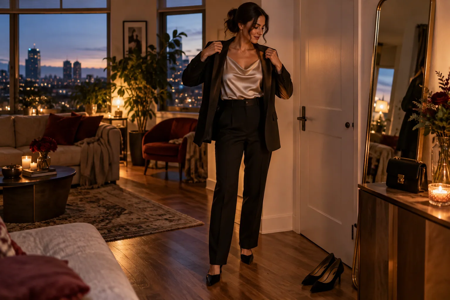 A woman layering a blazer over a satin top before an evening out