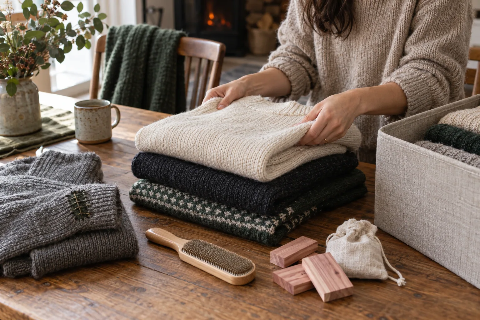 A woman folding knitwear beside simple care tools on a dining table