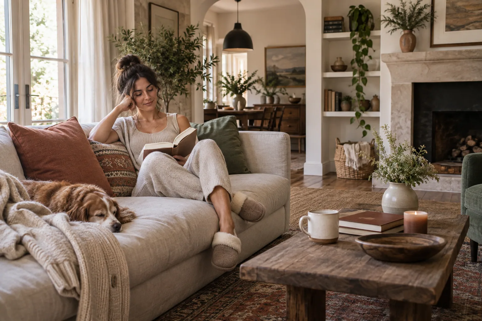A woman reading on a sofa in a coordinated knit loungewear set