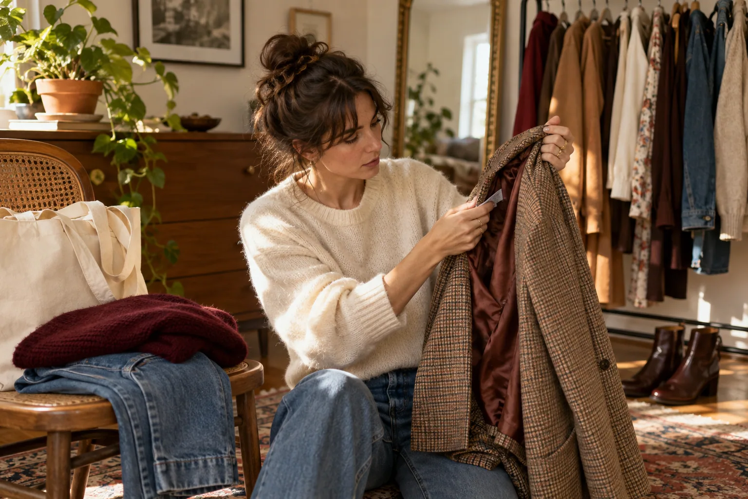 A woman inspecting the seams of a secondhand blazer beside a garment rack