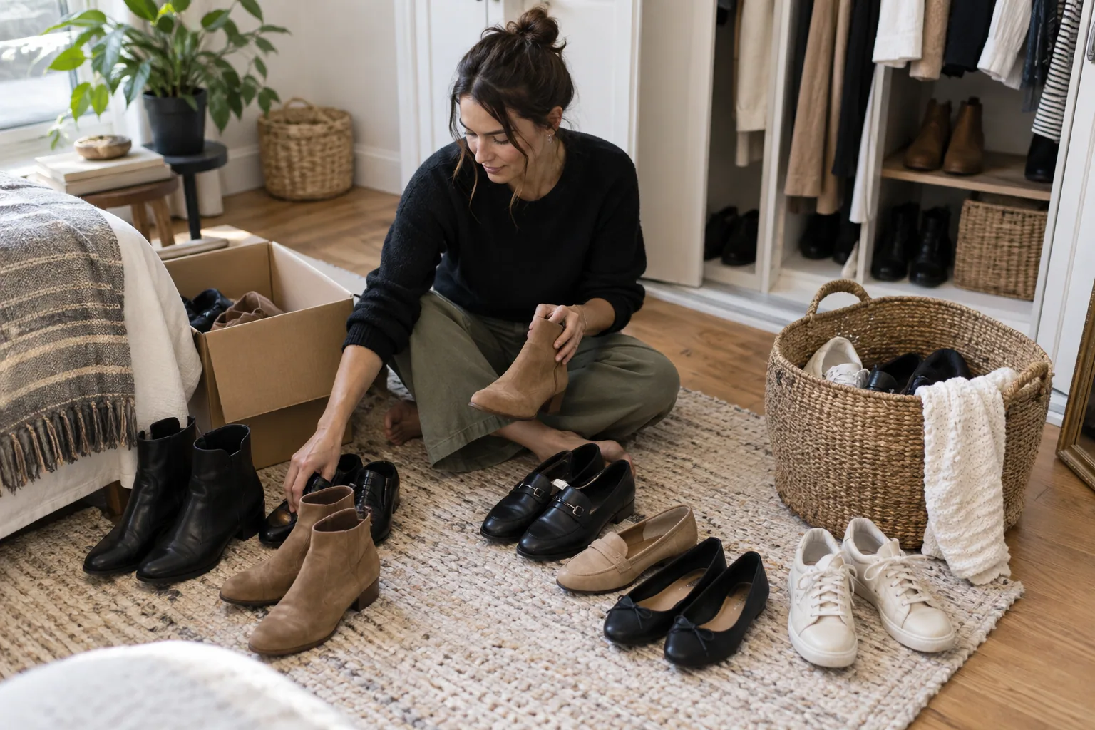 A woman sorting shoes into keep and donate groups beside an open closet