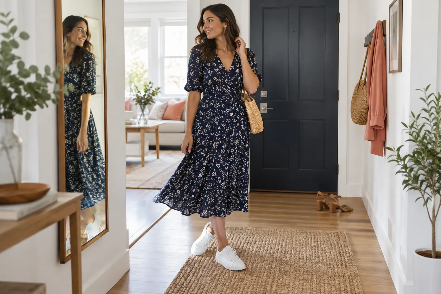 A woman wearing white sneakers with a midi dress in an apartment hallway