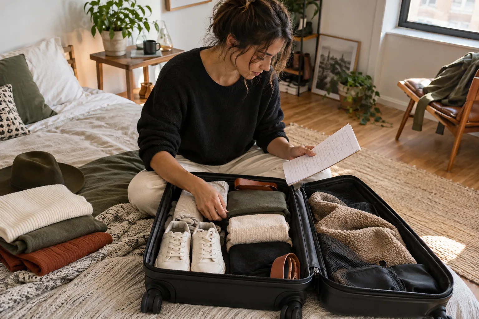A woman packing coordinated clothes into an open carry-on in her apartment