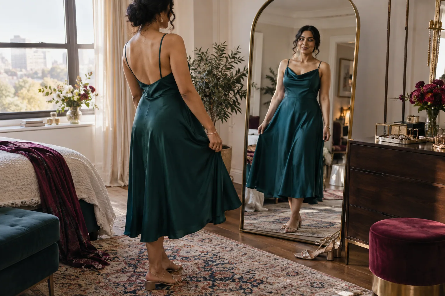 A woman checking the movement of a jewel-toned midi dress in a mirror